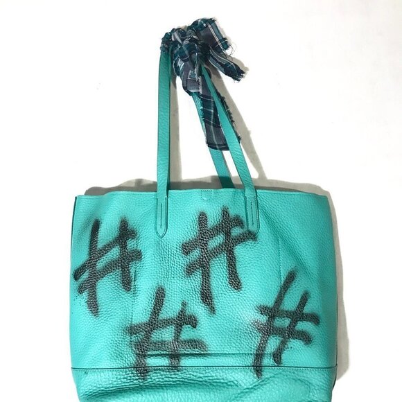 Cole Haan Genuine Leather Satchel Handbag Green Upcycled Tote Hash Tag - Picture 1 of 6